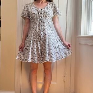 90s Vintage 100% Cotton Floral Double Ruffle Hem Skorts Romper Blue & Tan